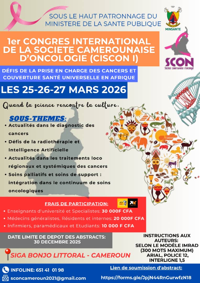 1er Congrès international de la Société Camerounaise d’ONcologie (SCON)  du 25 au 27 mars 2026 - Siga Bonjo - Cameroun